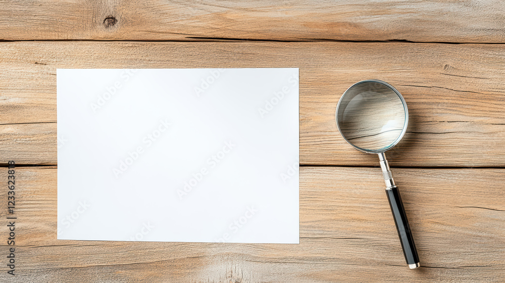 Poster blank sheet of paper and magnifying glass on wooden table create calm workspace