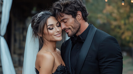 Elegant couple embracing in romantic outdoor wedding setting