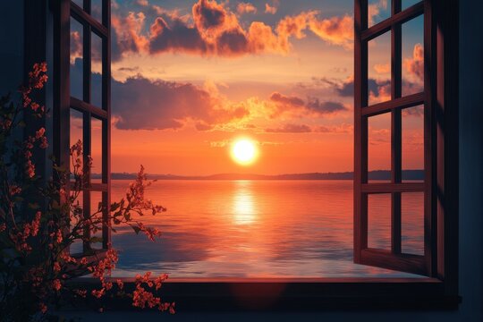 Sunset ocean view from open window, calm sea, colorful sky, peaceful scene, home decor