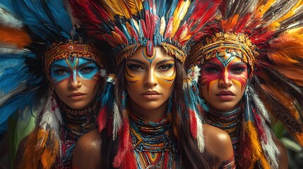 Vibrant Indigenous Tribal Headpieces and Face Painting in Ceremonial Attire