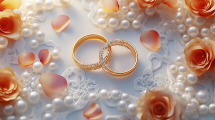 Elegant Wedding Rings Adorned with Pearls and Roses