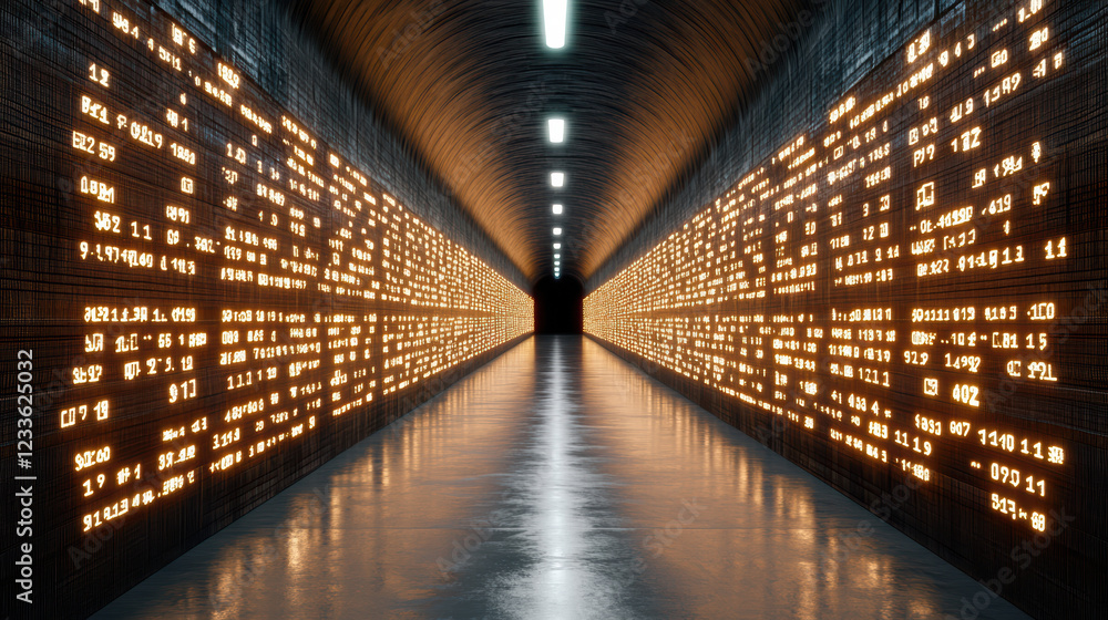 Poster digital rendering of futuristic tunnel filled with glowing data streams