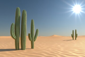 Desert cacti under bright sun, sandy landscape background; nature, travel, environmental poster