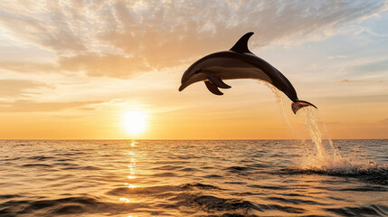 Dolphin leaping out of water under golden sunset sky