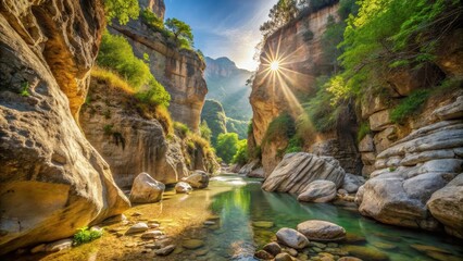 Fototapeta premium Scenic view of rock formation in canyon with small creek at Madonie Natural Park in Isnello , sunlight, mist