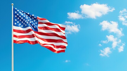 Naklejka premium United States Flag Waving in Clear Blue Sky with Fluffy White Clouds on a Sunny Day