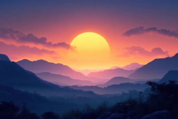 Sunset over hazy mountain range, vibrant sky, peaceful scene, landscape design