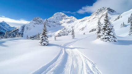 Obraz premium serene winter landscape featuring snow covered mountains and ski tracks