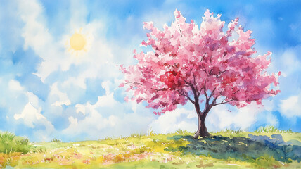 Fototapeta premium 春の一本桜と青空の街並み｜満開の桜が彩る草原の風景