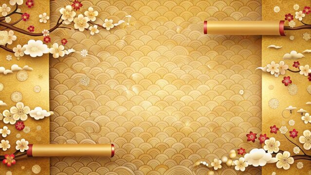 Traditional Japanese-style paper scroll with intricate golden clouds and cherry blossom branches , traditional, paper