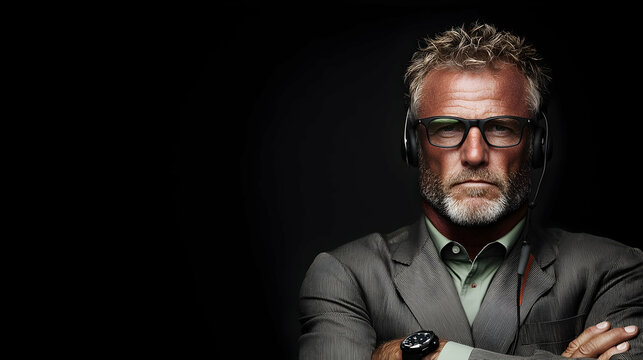 Serious businessman headset, dark background, support