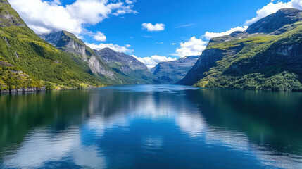 Stunning Geirangerfjord with deep blue water and majestic mountains