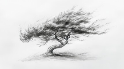 Fototapeta premium Windswept tree drawing, coastal landscape, artistic sketch, nature illustration