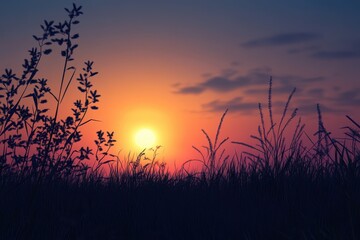 Sunset silhouette, meadow grasses, vibrant sky, peaceful scene, nature background