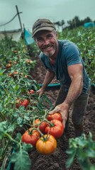 Happy Farmer Harvesting Ripe Red Tomatoes on Plantation