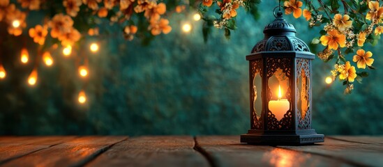 Lantern glows, flowers bloom, night garden