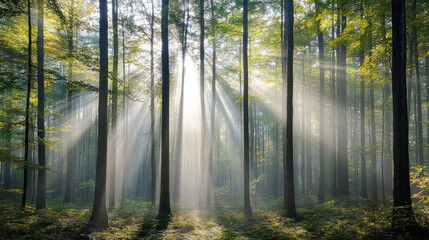 Fototapeta premium foggy autumn morning in forest with soft golden light streaming through trees