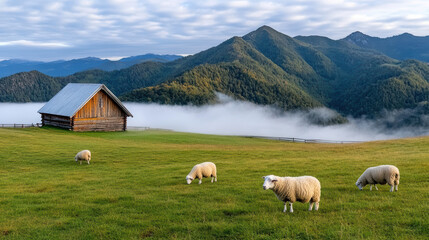 foggy morning on rural farm with sheep grazing in serene landscape