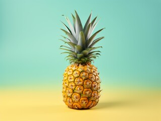 Tropical Minimalist Pineapple: A Vibrant Image of a Fresh Pineapple Standing Against a Two-Tone Background of Soft Turquoise and Yellow, Evoking a Fun and Summery Vibe