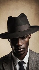 Silhouette of a mysterious man in a vintage style wide brimmed hat in a close up head and shoulders portrait              