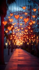 Obraz premium Enchanting Hearts Aglow Illuminated Romantic Walkway in Festive Night City Scene