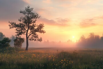 Fototapeta premium Sunrise mist, solitary tree, meadow, forest background, idyllic scene