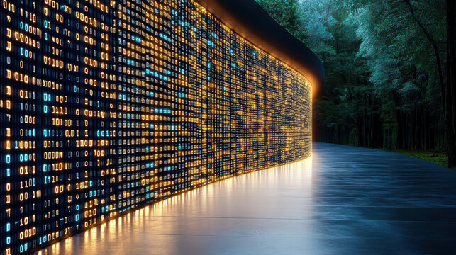 futuristic digital wall displaying glowing binary code in forest