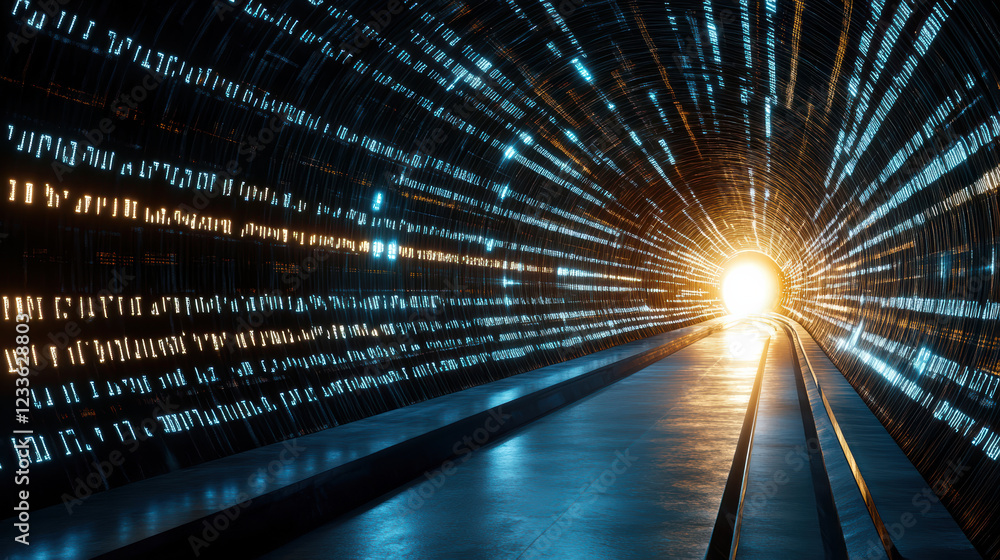 Aufkleber futuristic tunnel with glowing binary code and bright light at end