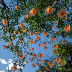 Vibrant Orange Flowers Against Clear Blue Sky with Green Leaves