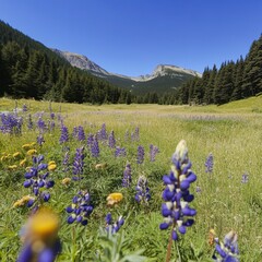Obraz premium Scenic Mountain Landscape with Vibrant Flowers Under Blue Sky