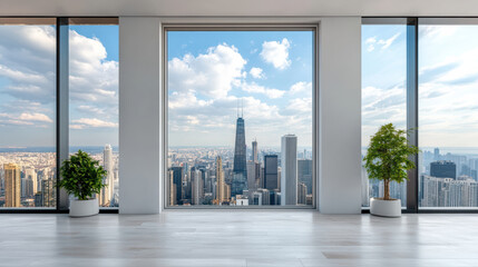modern interior with stunning city view through large windows, showcasing skyscrapers and bright