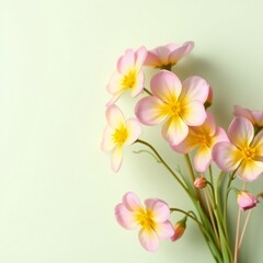 Naklejka premium Primrose Blossoms in a Lively Spring Composition A cluster of yellow and pink primrose flowers with delicate green stems, displayed on a solid pastel green background