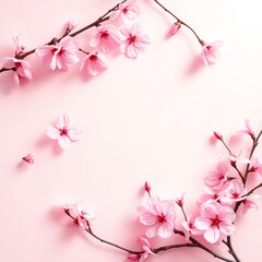 Naklejka premium Sakura Blossoms in Soft Pink Hues A branch of delicate pink cherry blossoms in full bloom, artistically displayed on a solid pastel pink background