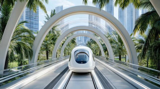 futuristic transportation hub featuring hyperloop trains surrounded by palm trees and modern