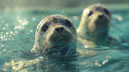 Fototapeta premium Two harbor seals swimming in clear water.