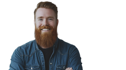 a man with a long beard and denim jacket standing in front of a transparent background, PNG image, PNG file, Generative art.