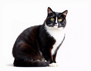 Fototapeta premium Adorable tuxedo cat sitting against a white background