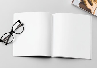Open blank book with glasses and magazine on grey background.