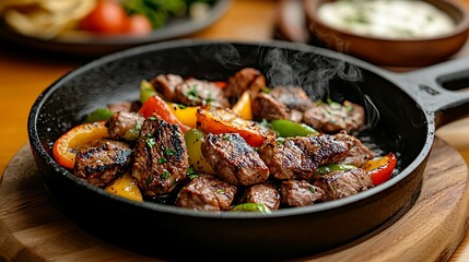 Sizzling grilled steak with colorful peppers served in a cast iron skillet on a wooden table