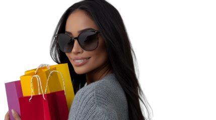 a young woman wearing black glasses holding colorful bags in her hands PNG image, PNG file, Generative art.