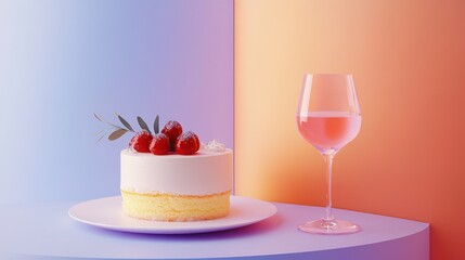 Strawberry cake and rose wine on a pastel background. Perfect for a celebration or special occasion.