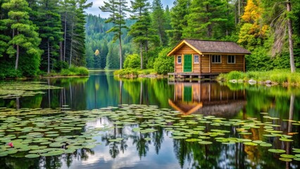 Obraz premium Tranquil cabin surrounded by lush greenery and water lilies on a serene lake in Algonquin Provincial Park, Ontario, Canada