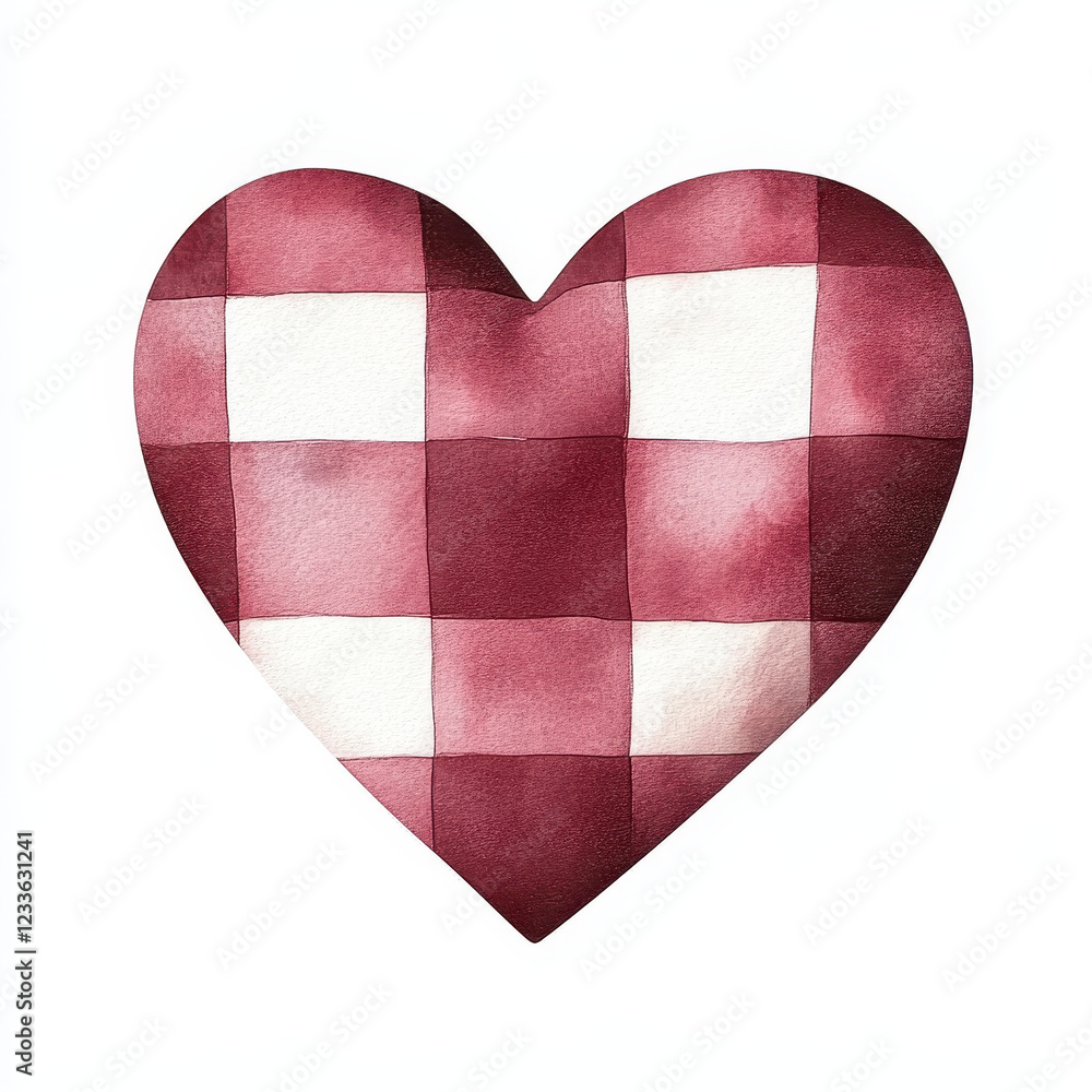 Poster hand drawn maroon heart with plaid texture, featuring alternating squares in deep red and white. thi