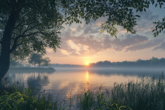 Serene sunrise over misty lake framed by trees