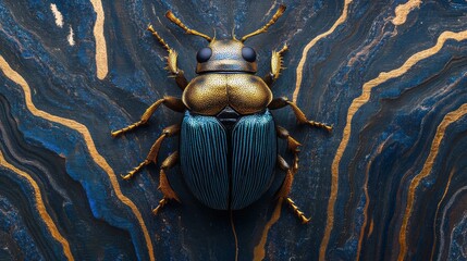 Elegant Golden and Blue Beetle on Luxury Marble Background