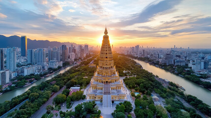 Obraz premium golden temple shimmering in Bangkok sunset, surrounded by cityscape