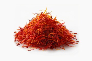 Naklejka premium close-up shot the vivid red-orange color of the saffron threads , is prominently displayed, showcasing the fine, delicate nature of the spice. Isolated on white background with clapping path full of d