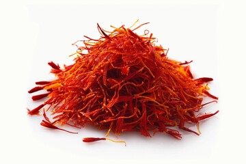 Fototapeta premium close-up shot the vivid red-orange color of the saffron threads , is prominently displayed, showcasing the fine, delicate nature of the spice. Isolated on white background with clapping path full of d