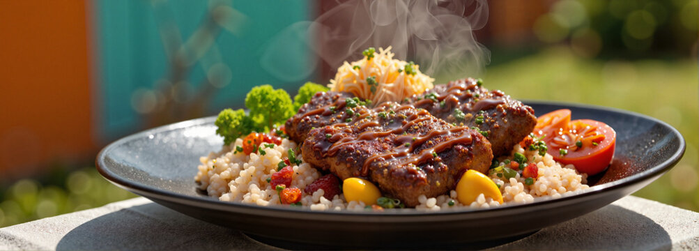 Steaming hot kafta with exquisite sauce outdoors, culinary delight