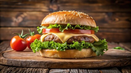 Close-up of juicy beef patty on a rustic wooden background with melted cheese and toasted bun, surrounded by fresh lettuce and tomato slices, comfort food , simple food still life
